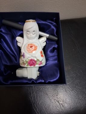 Porcelain Angel Night Light with Floral Design - White and Pink